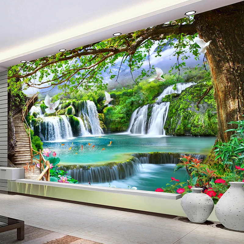 Пользовательские Любой Размер Повседневное зеленый лес водопад пейзаж росписи 3D обои Гостиная Спальня фото домашнего декора Papel де Parede