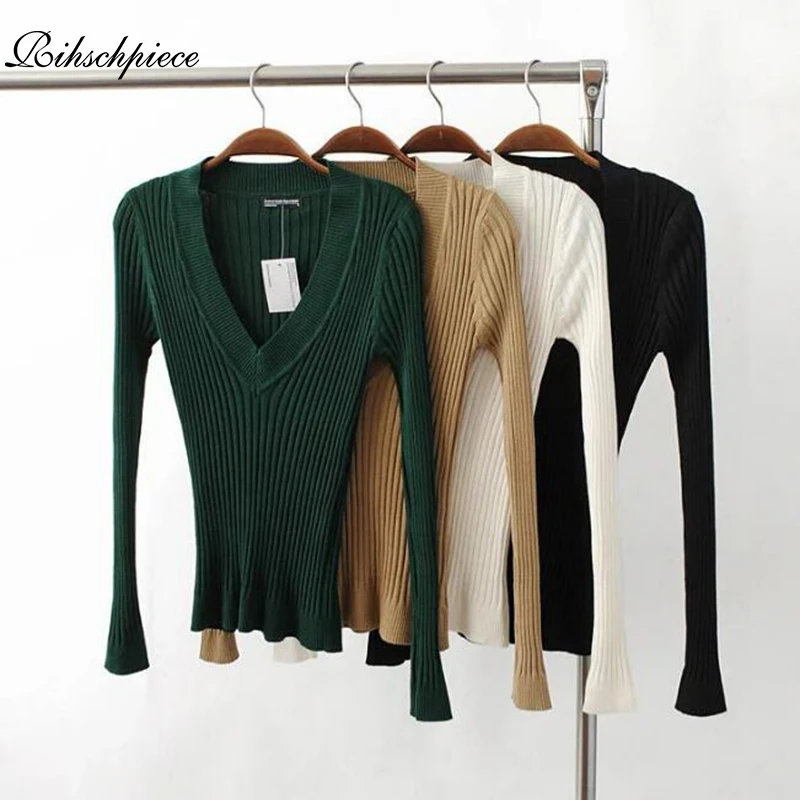 

Rihschpiece 2018 Winter Autumn Knitted Sweater Women Jersey Jumper Women Sweaters and Pullovers Slim V-neck Pullover RZF1393