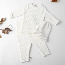 3 шт./компл. Осенняя и зимняя одежда для маленьких девочек Вязаный в рубчик свитер Свитера для мальчиков брюки Шапки сужающаяся к талии футболка Детская одежда От 0 до 3 лет