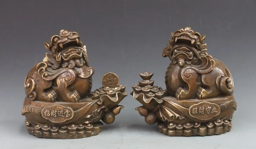 Chinese Bronze Fengshui Attract Wealth Beast Fu Dog Lion Kylin PiQiu Statue Pair a5.19