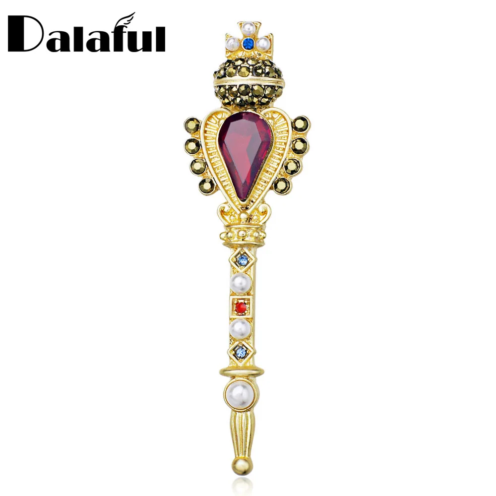 

Dalaful Europe Baroque Style Brooches Vintage Teardrop Rhinestone Cross Crown Magic Wand Scepter Brooch Pins Z044