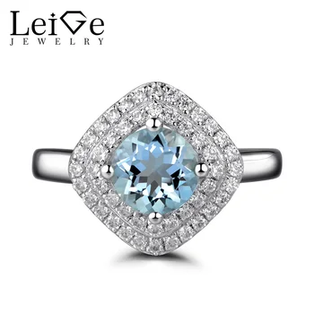 

Leige Jewelry Double Halo Aquamarine Rings for Women Sterling Silver 925 Wedding Engagement Blue Gemstone Ring Round Cut