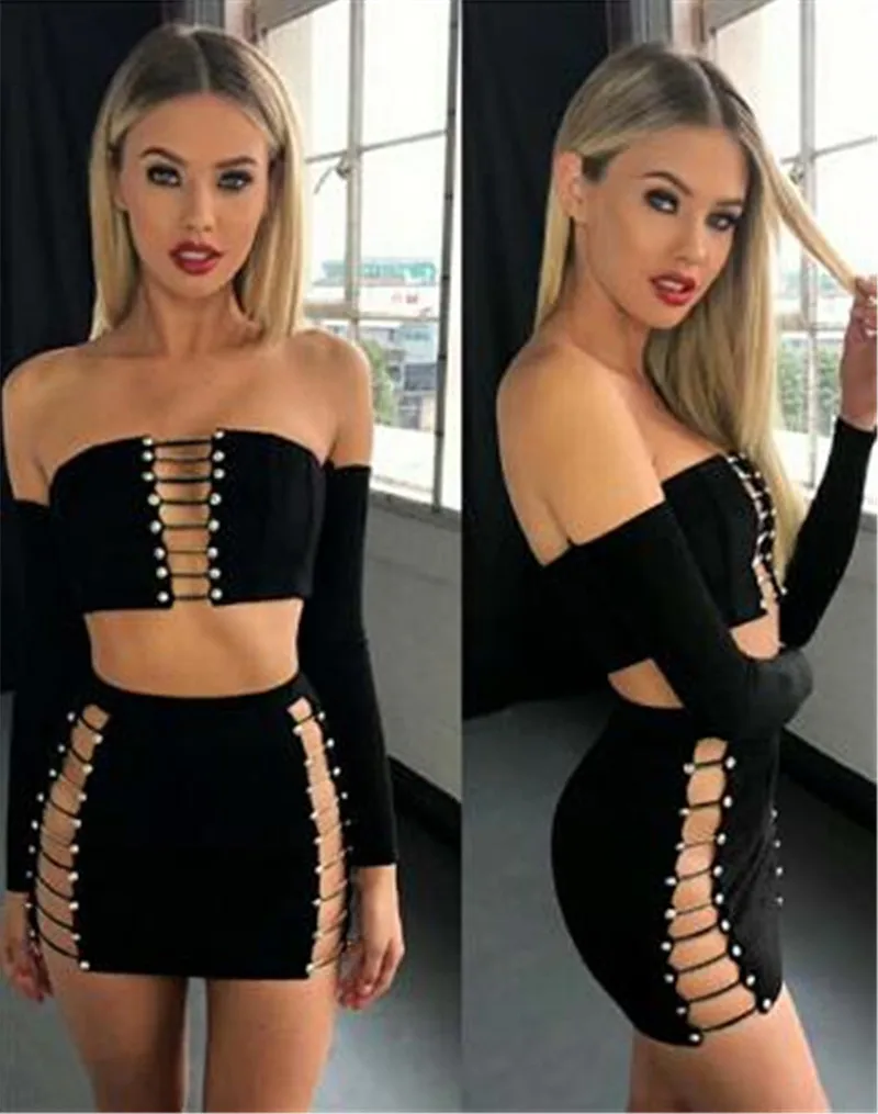 

High Quality Wine Red Black Slash Neck Long Sleeve Rayon Bandage Dress 2 Pieces Set Evening Party Dress