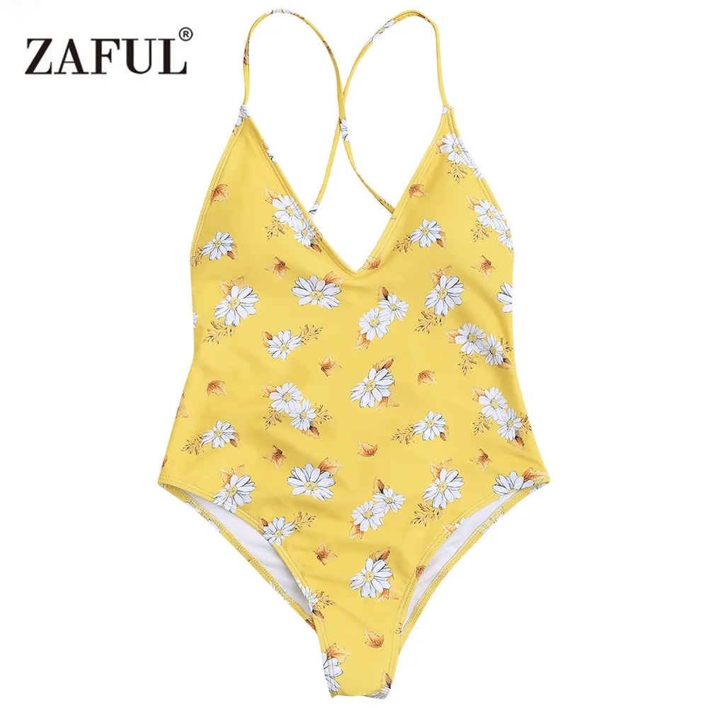 Zaful 2017 Женщин Новый Крест Назад Цветочный Высокая Вырезать Купальный Костюм Сексуальный V Шеи Средний Талией Цветочный Спагетти Ремни Цельный Купальник 