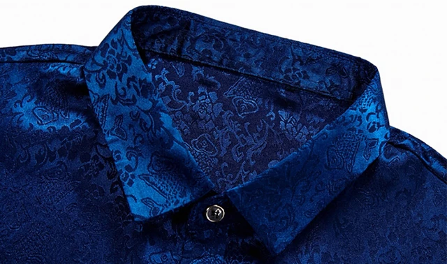 Royal Blue Silk Satin Dress Shirt Men Stylish Floral Print Slim Short Sleeve Tuxedo Shirt Male Business Wedding Party Chemise