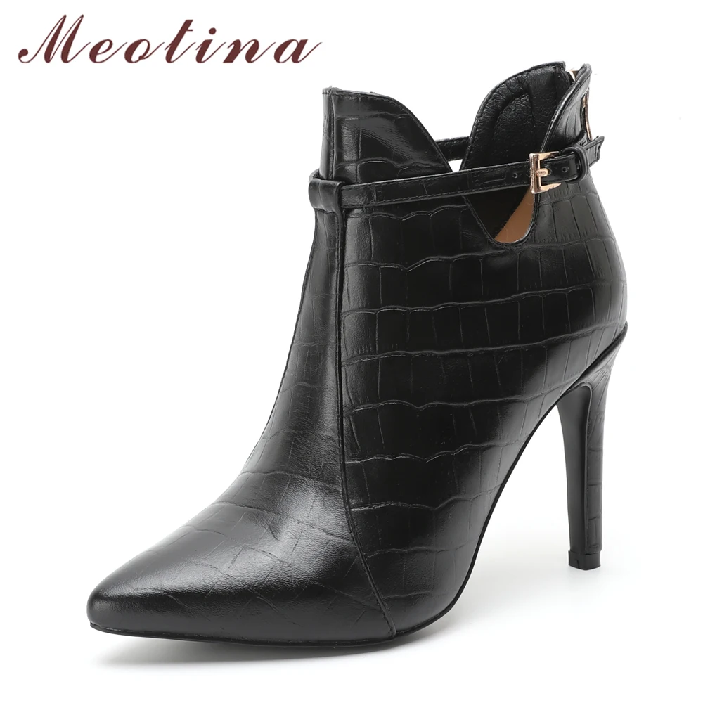 

Meotina Women Ankle Boots Genuine Leather High Heel Boots Autumn Pointed Toe Natural Real Leather Short Boots Stiletto Black