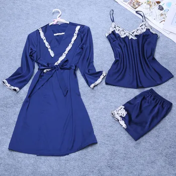 

Ladies Sexy Silk Bathrobe Pajama Set 3 Pieces Lace Sleepwear Set Summer Nightwear Set V-neck Pijama Set For Women
