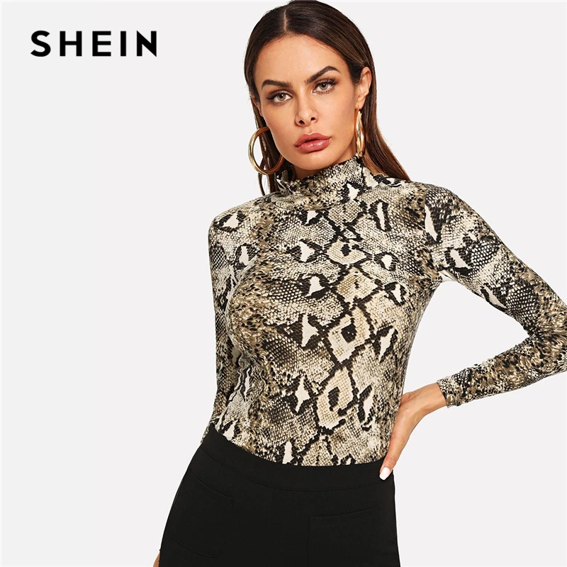 SHEIN Multicolor Elegant Office Lady High Neck Snakeskin Print Skinny Long Sleeve Tee Autumn