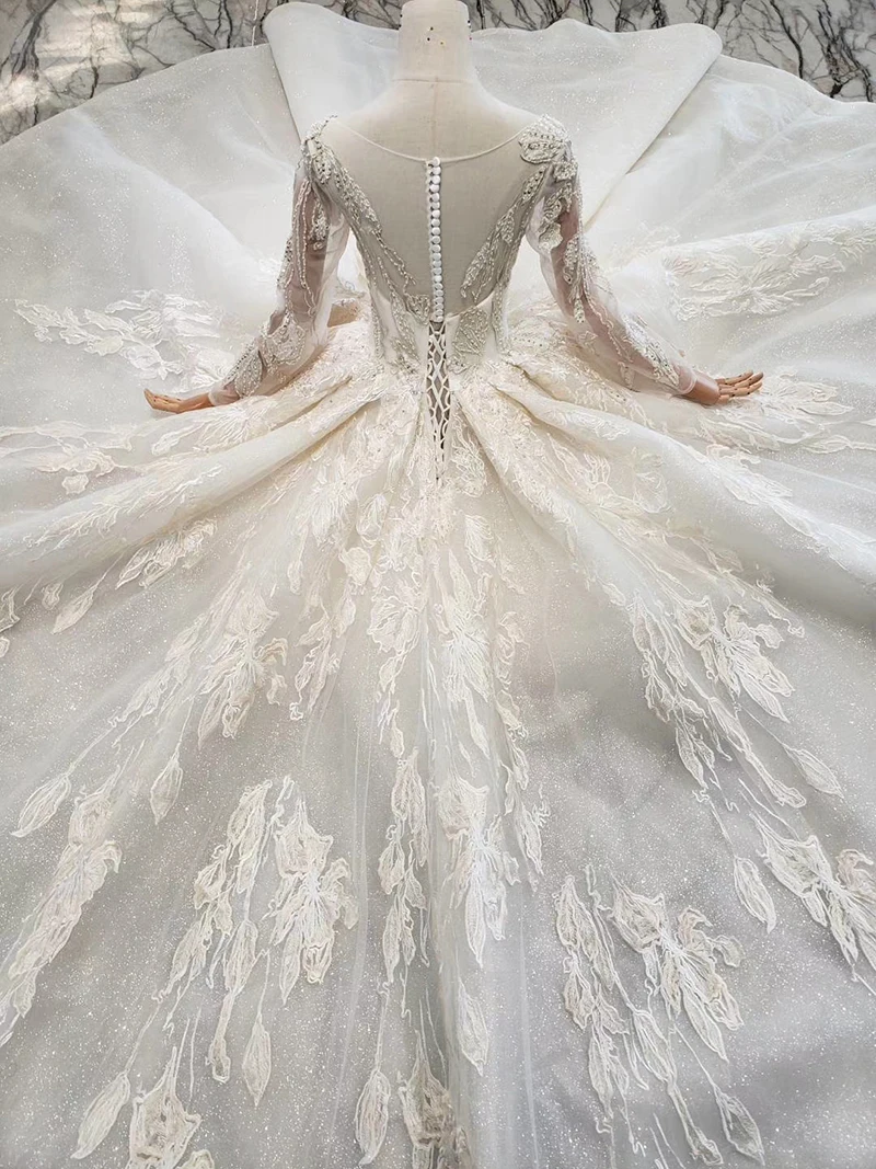 long sleeves ball gown square neck wedding dress with train HTL331 (12)