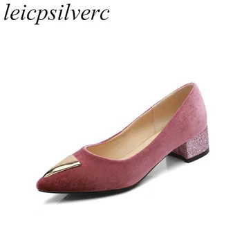 

Women Pumps Med Heel Shoes Spring Autumn Velvet Slip on Pointed Toe 2018 Sexy Fashion Casual Dress Wedding Office Red Pink Black