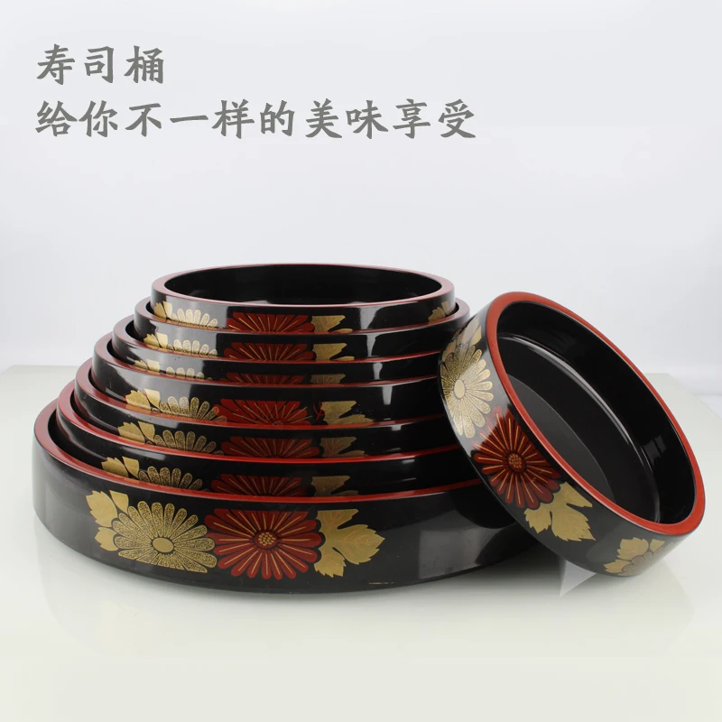 

Japanese sushi bucket sashimi raw fish seafood dish sushi cuisine fruit dish food chrysanthemum round tray tableware art