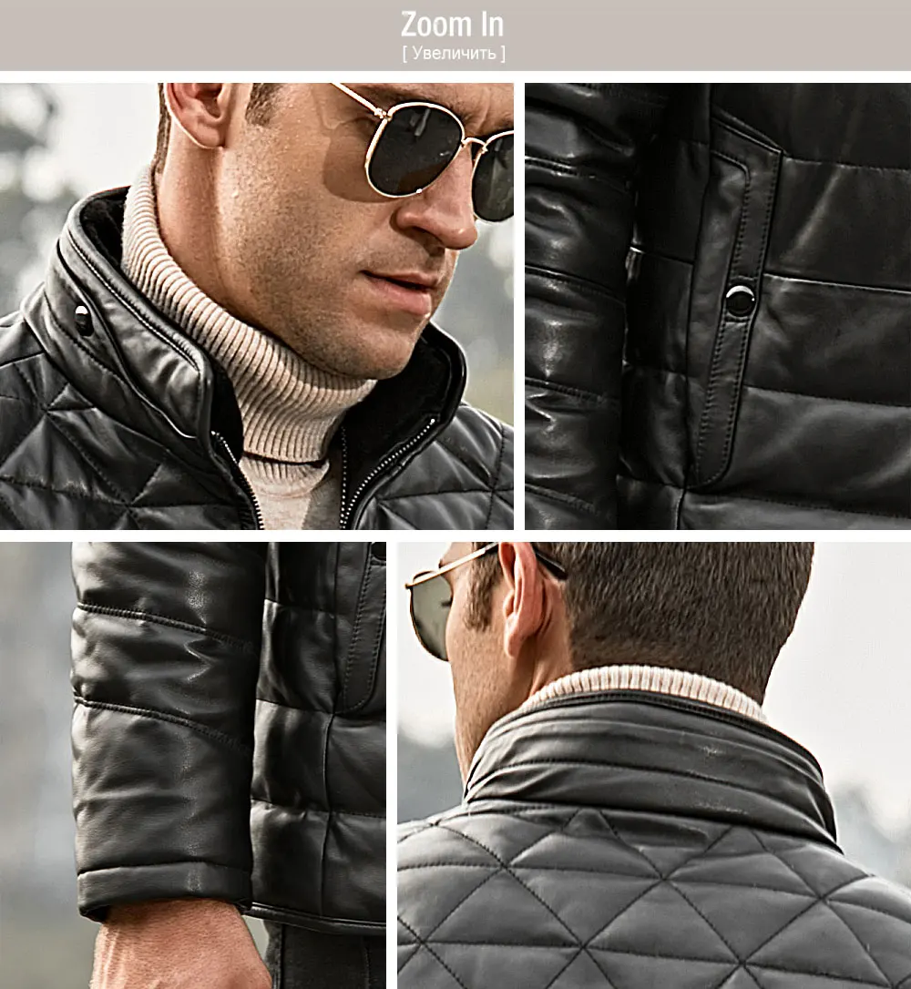 FLAVOR Men's Real Leather Down Jacket Men Genuine Lambskin Winter Warm Leather Coat with Removable Sheep Fur Collar
