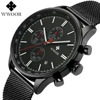 WWOOR Men Watch Luxury Brand Chronograph Date Military Army Sport Stainless Steel Mesh Quartz Mens Watches Male Clock Relogio
