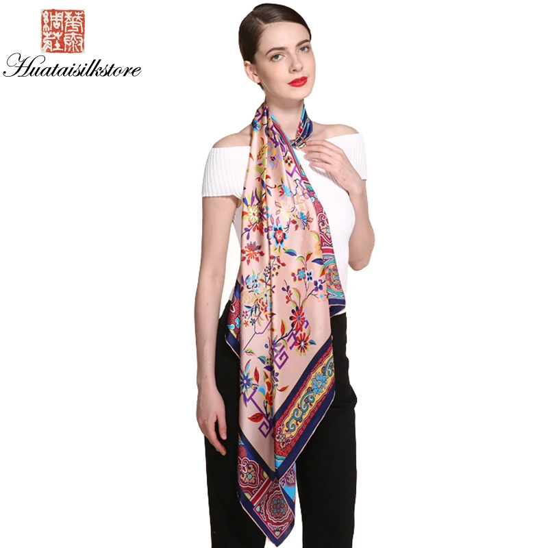 

2018 New Spring Fashion Large Size Women Scarves 86*86cm Square Chinese Style Hand Printing Satin 100% Silk Luxury Brand Scarf