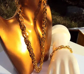 

18 k GP Gold Finish Heavy 8mm Miami Cuban Link Pair Chain Necklace Bracelet stamp Set