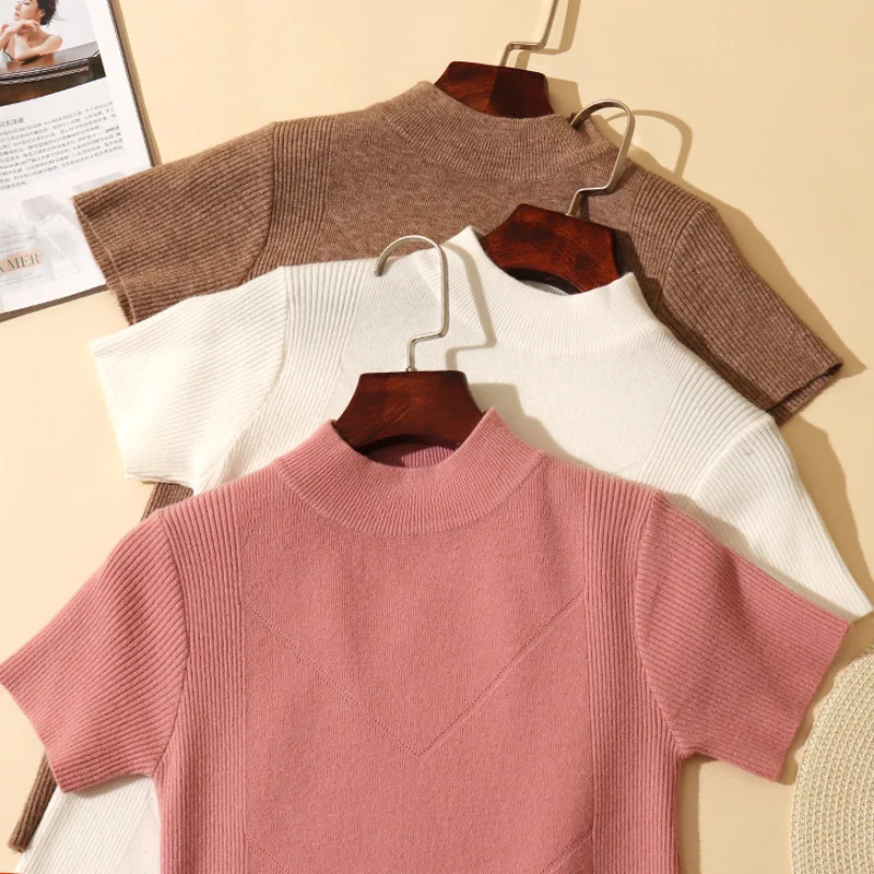 

HLBCBG Knitted Summer Shiny T Shirt Women Casual Short Sleeves T-Shirt Breathable Elasticity Kintwear Top O-Neck Female Tshirt