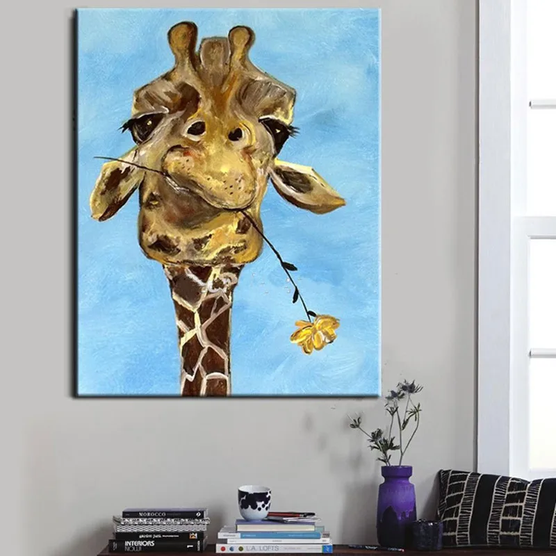 Large Handmade Bite Flower Giraffe Paintings Home Decor Wall Art