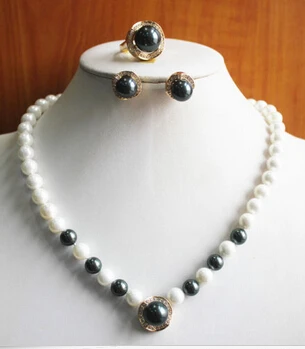 

Miss charm Jew.475 New Design White And Black Pearl Necklace Earring Ring(7/8/9)Jewelry Set (A0423) -Bride jewelry free shipping