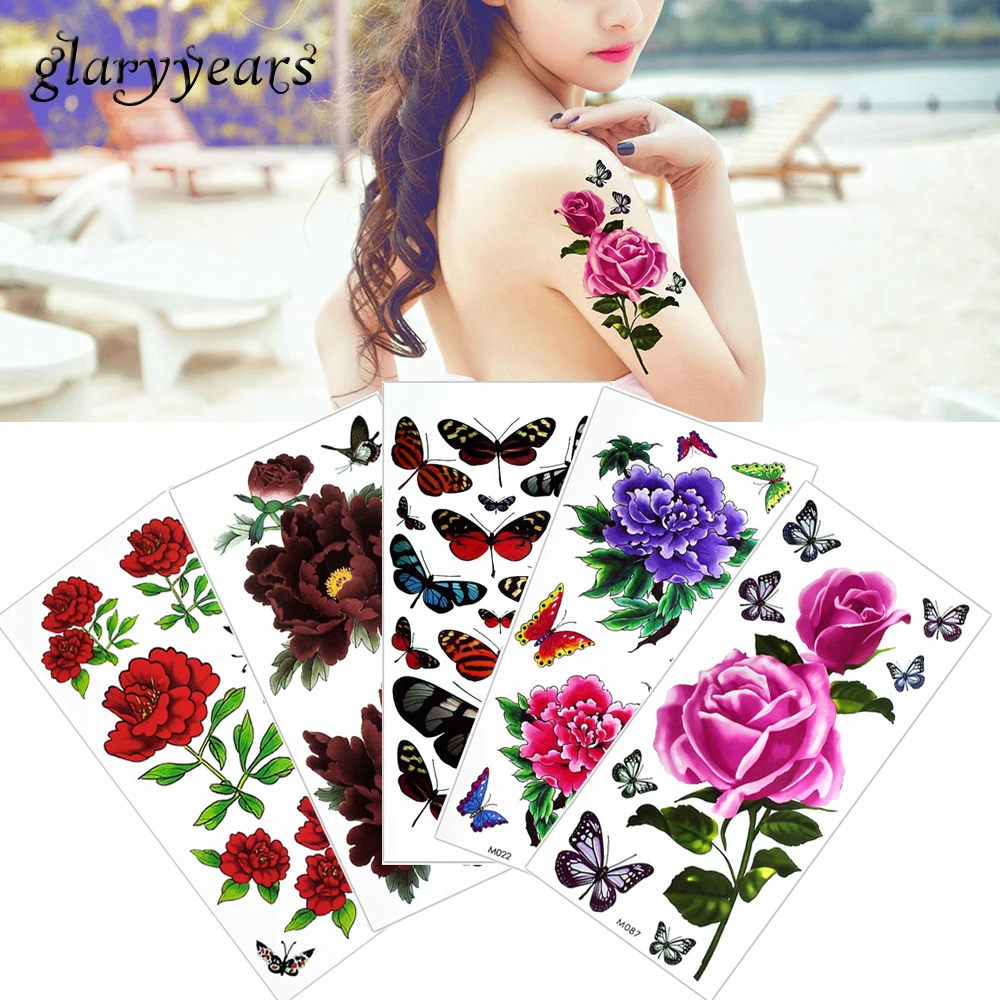 182 Glaryyears 5 Piècesensemble Couleur Dessin Corps Temporaire Tatouage Autocollant Réaliste Rose Fleur Papillon Motif Bras Cou Art Sexy In