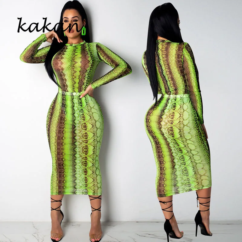 

Kakan summer new women's print dress casual snake pattern mesh perspective digital print long-sleeved dress without belt
