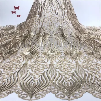 

2019 High Quality African Lace Fabric Gold Materials French lace with Beads Nigerian Tulle Lace Fabric For Wedding party dress
