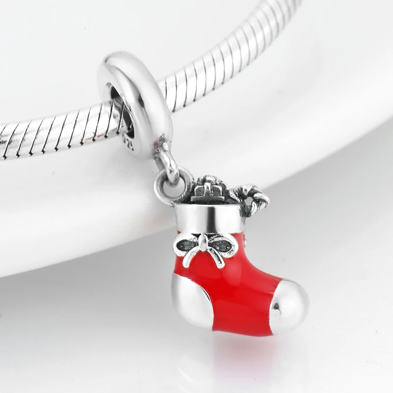 925 Sterling Silver red Enamel lovely Christmas gift sock fine Pendant Beads Fit Original Pandora Charm Bracelet Jewelry making