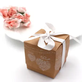 

100pcs/lot Wedding Favors Decor Kraft Paper Lace DIY Candy Box Gift Boxes Wedding Party Candy Box with Ribbon
