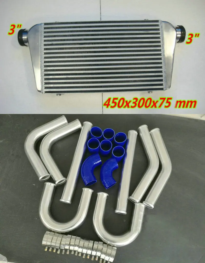 FMIC алюминиевый турбоинтеркулер для 450x300x75 мм в/Out 76 мм " труба трубопровод, труба и Fin+ силиконовый шланг 10" вентилятор спереди крепление - Цвет: Radiator Blue Hose