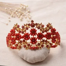 Free Shipping Gold Bottom Red Crystals Pearls Crowns Tiaras Chic accesorios para el pelo Bridal Hair Accessories 15.5*7.8cm