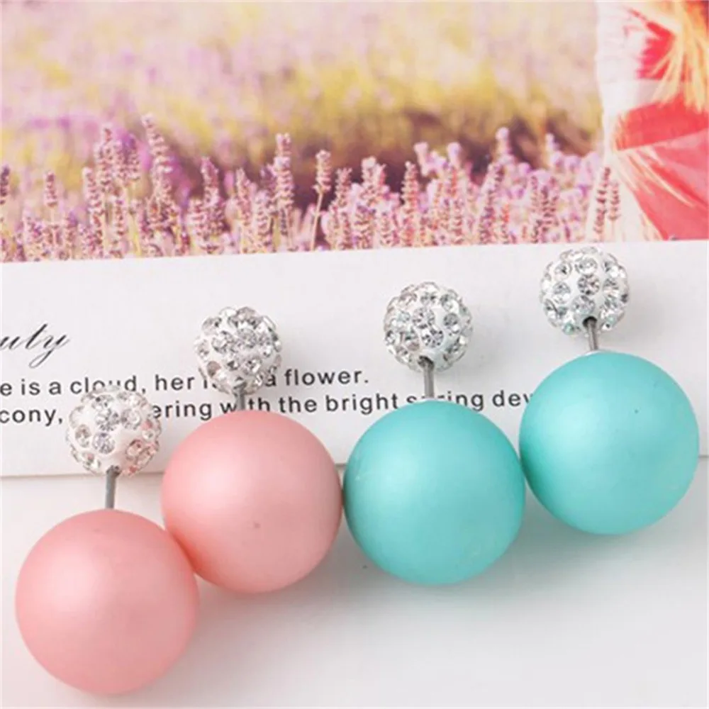 

LNRRABC Simulated Pearl Stud Earrings Round Crystal Rhinestones Piercing Two Double Side Ear Studs Jewelry Valentine's Day Gift