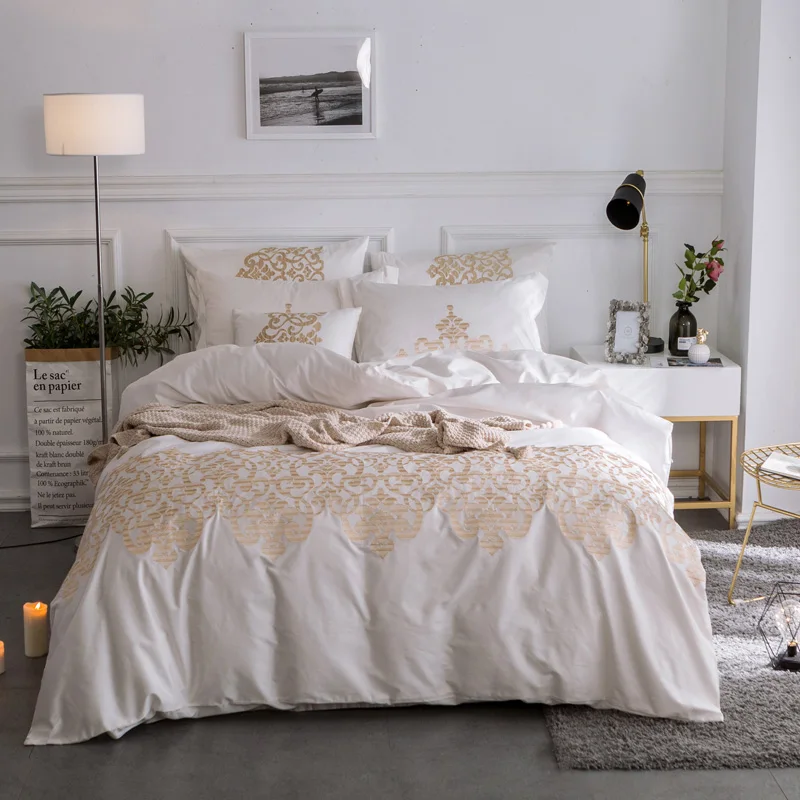 Pink White font b Cute b font Embroidery Bedding set Queen King size 100 Egyptian Cotton