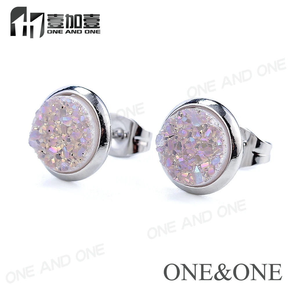 

Wholesale 5 pair Stainless steel earrings Round 8mm Natural Druzy Stud Earrings