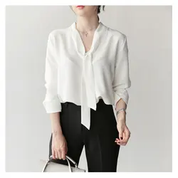 New Women's Blouse Spring Summer 2020 Fashion Elegant All-match V-neck Bow Long-sleeve Loose White Shirt Workwear Tops Female New Women's Blouse Spring Summer 2020 Fashion Elegant All-match V-neck Bow Long-sleeve Loose White Shirt Workwear Tops Female