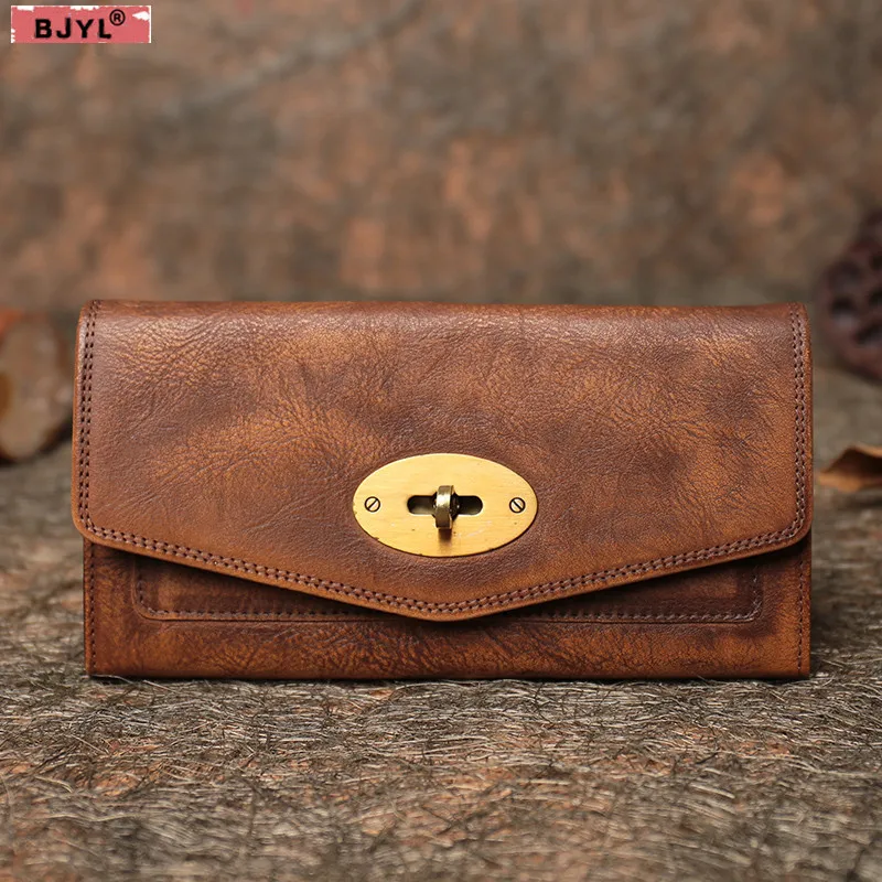 

BJYL new simple Women clutch bag genuine leather long wallet handmade retro casual female card holder coins purses ladies wallet