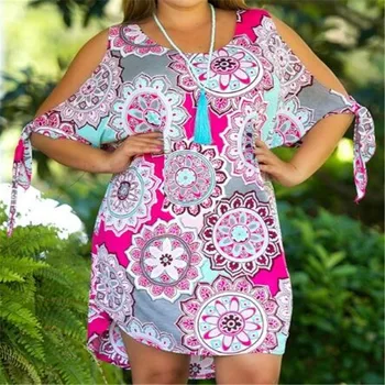 

Summer Dresses Women Cotton Plus Size Bandage Dress Sexy Party Off Shoulder O Neck bohe Knee print Large Size Dress