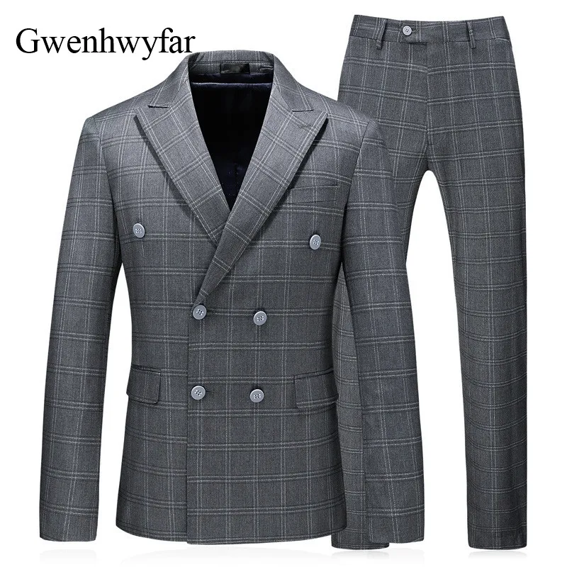

Gwenhwyfar 3 Pieces 2018 Men Suit Classic Grey Plaid Double Breasted Wedding Suits For Men Slim Fit Coats England Male Tuxedos