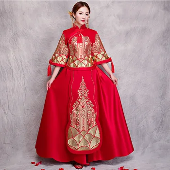 

High Quality Embroidery Women Qipao Red Chinese BRIDE Wedding Dress Toast Clothes Traditional Tassels Oriental Lady Cheongsam