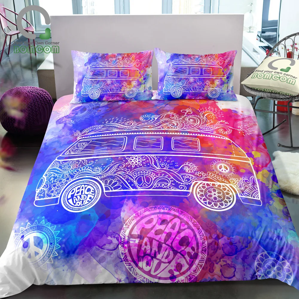 BOMCOM 3D Digital Printing Camper Van Peace Hippie Symbol Style Watercolor Duvet Cover Sets 100% Microfiber Clear | Дом и сад