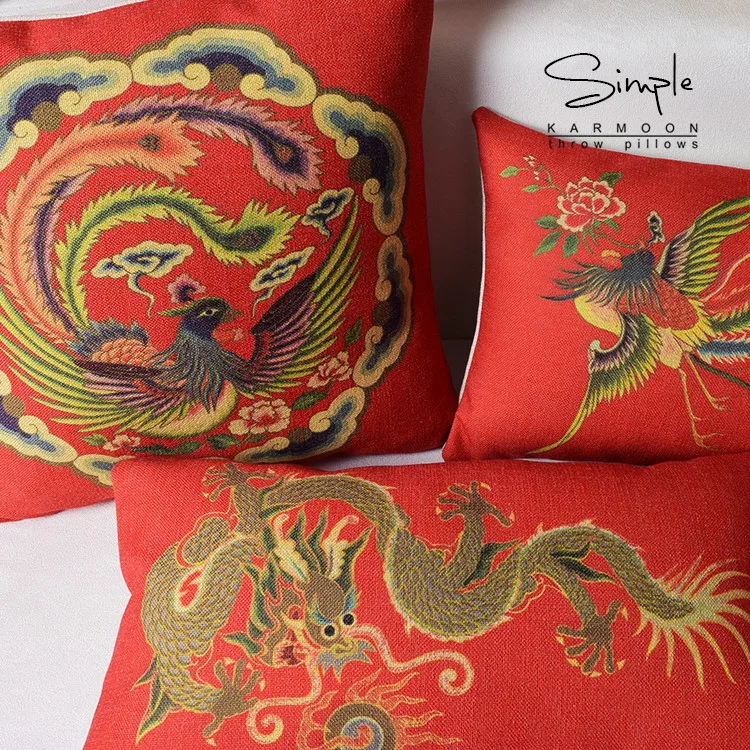 Красный Восточный китайский дракон Phenix Чехлы для подушек китайский Стиль поясничного Подушки Пледы Наволочки свадебный подарок мандаринка кран