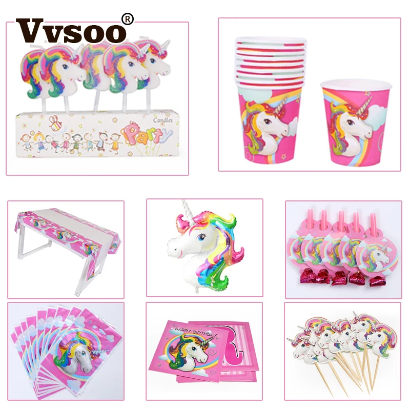 

Vvsoo Unicorn Theme Party Decor Unicorn Banner Tablecloth Gifts Bags Invitation Card Cupcake Topper Ballons Festival Supplies