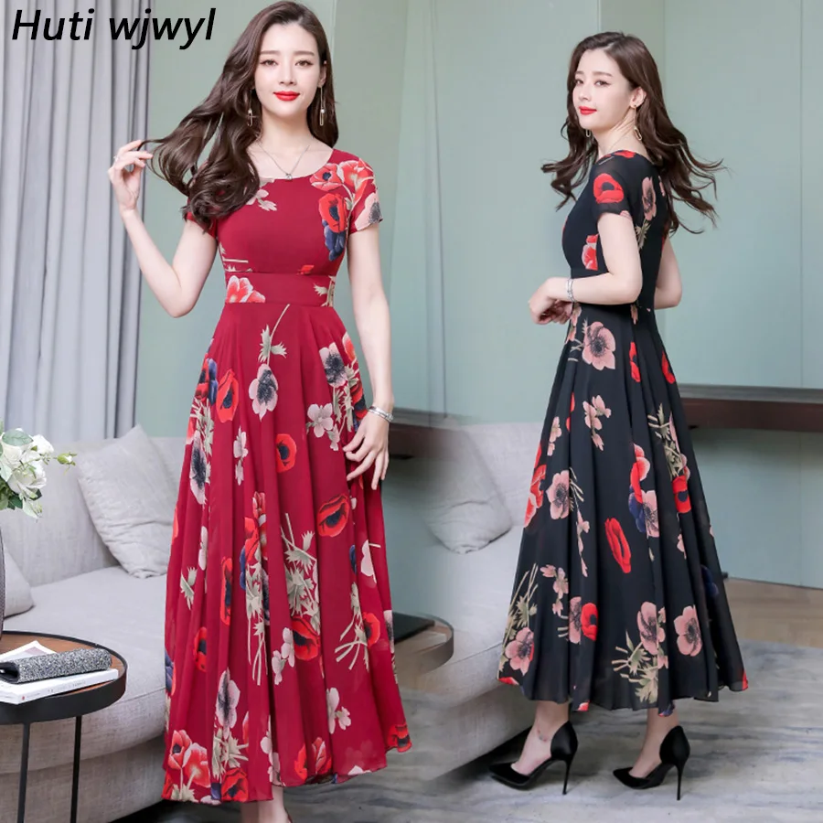 

3XL Plus Size Beach Midi Summer New Dresses 2019 Vintage Floral Chiffon Boho Maxi Sundress Elegant Women Bodycon Party Vestidos