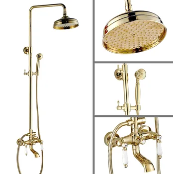 

Luxury Polished Gold Color Brass Dual Ceramic Handles Levers Bathroom Round Rainfall Shower Faucet Set Bath Tub Mixer Tap mgf361
