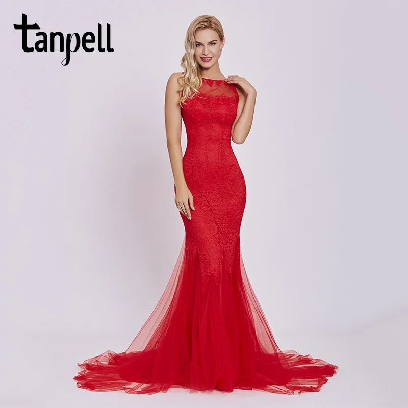 Tanpell вечернее платье с коротким шлейфом, красное, без рукавов, с аппликацией, длина до пола, женское кружевное с открытой спиной фасона "Русалка", вечернее платье es