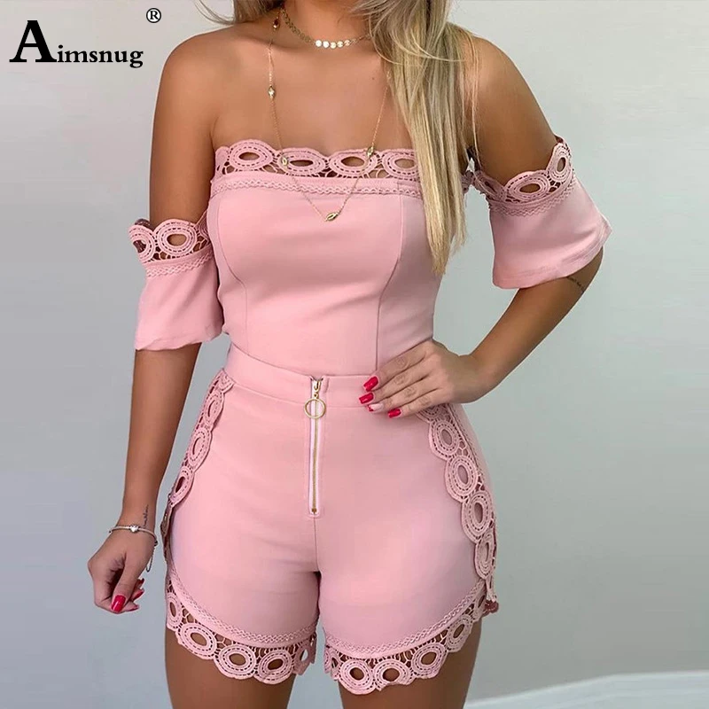 

Sexy Two Piece Sets Women Strapless Hollow Out Lace Detail Crop Top Shirt Streetwear Solid Front Zippper Bodycon Elegant Shorts