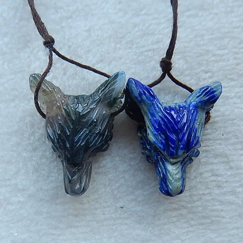 

Natural 2Pcs Of Lapis Lazuli,Moss Agate SET Wolf Head Pendant Beads,27x21x10mm,4.8g,25x20x9mm,4.7g