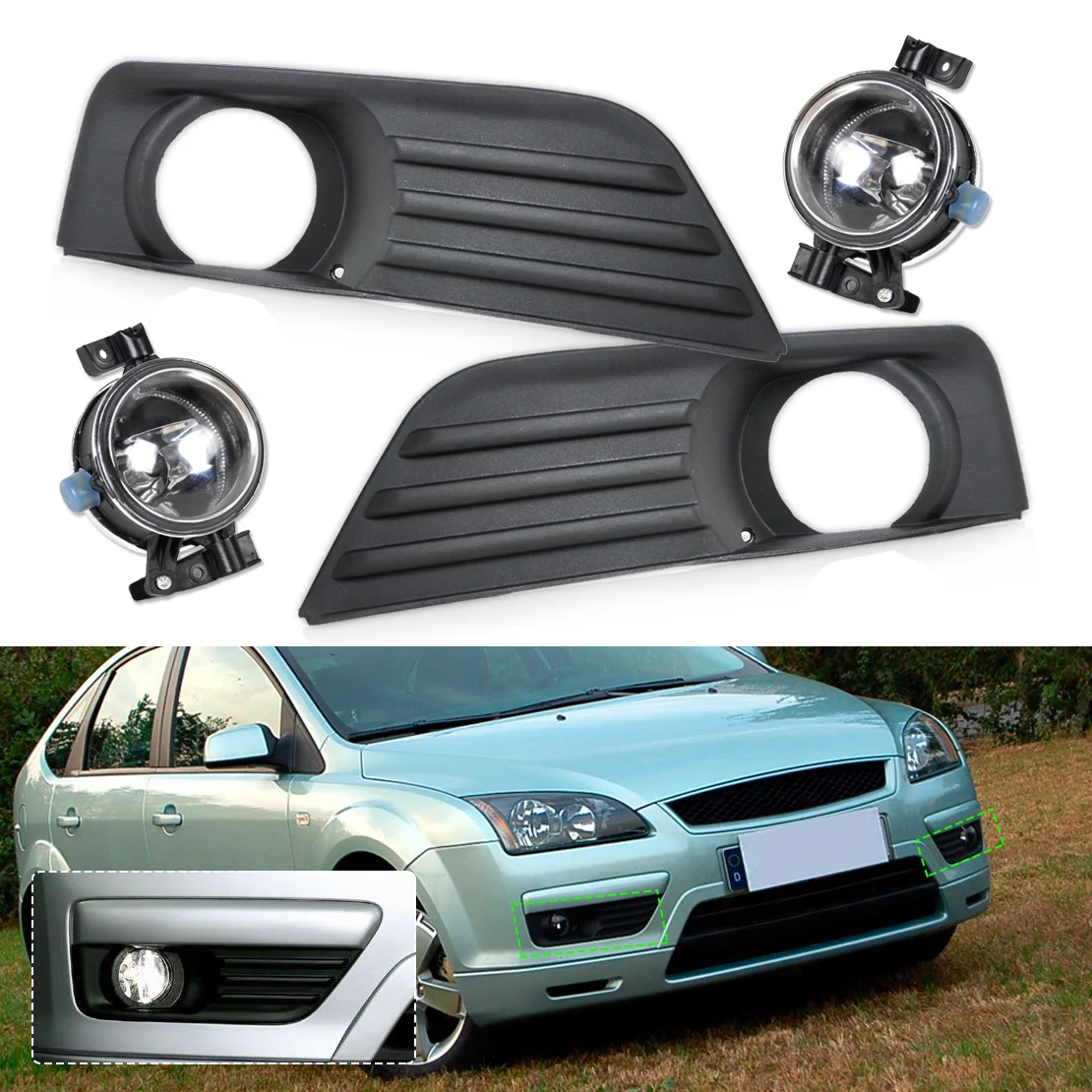 

DWCX Black Front Lower Left Right Bumper Fog Light Grille Cover + Fog Light Lamp Kit Set Fit for 2005 2006 2007 Ford Focus