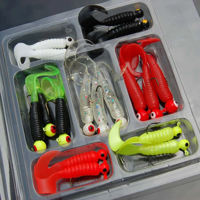 

17Pcs/Set Mini Soft Fishing Lure Jig Head Hook Grub Worm Silicone Fish Baits for Ocean Carp ALS88