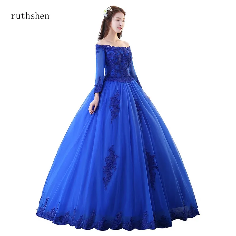 Ruthshen Quinceanera платья королевский синий Маскарад Vestido Винтаж с открытыми плечами