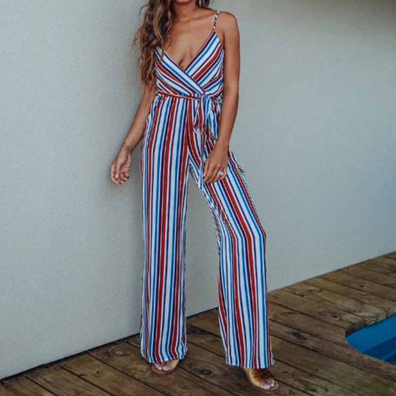 Womens V Neck Jumpsuit Sleeveless Sashes Playsuit Striped