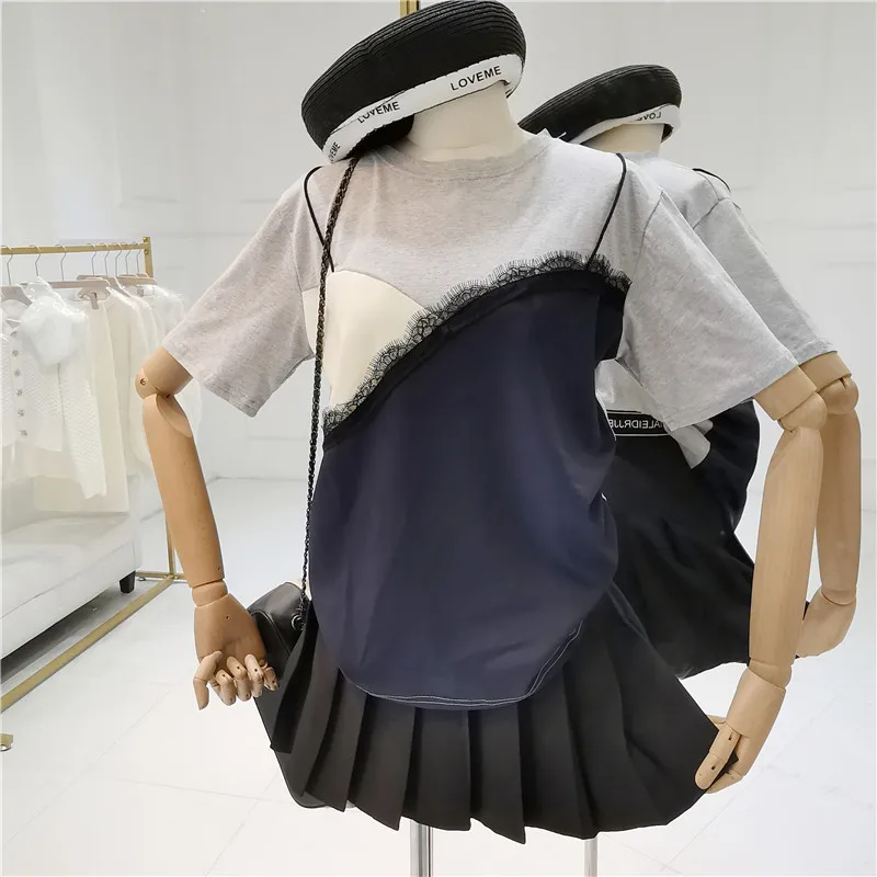 

2019 Korean Elegant Women T-shrits Short-sleeved Round Collar Splice Fake Two T-shirts Patchwork O-Neck Lace Casual T-shirts